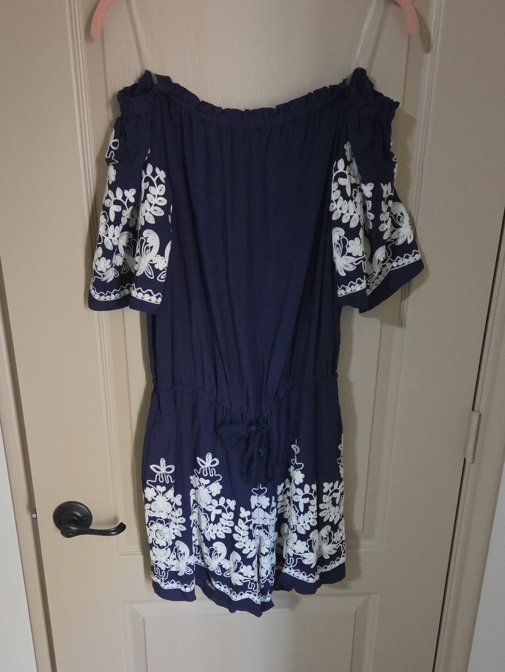 ECI Navy Off-Shoulder Mini Romper with White Floral Embroidery